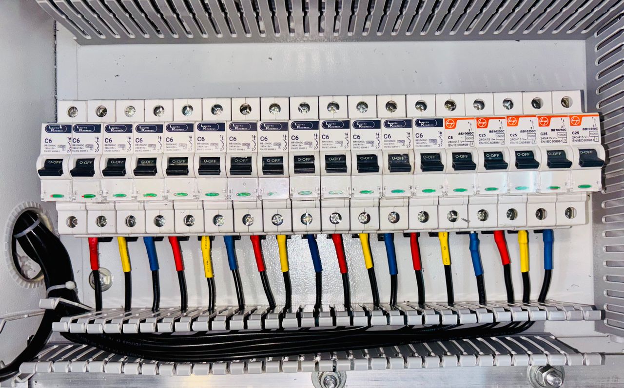 Services Close-up of an organized circuit breaker panel featuring color-coded electrical wiring.